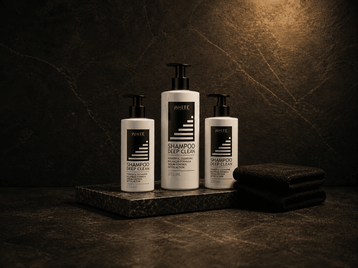 Минималистичная композиция косметики White Detox и чёрного полотенца